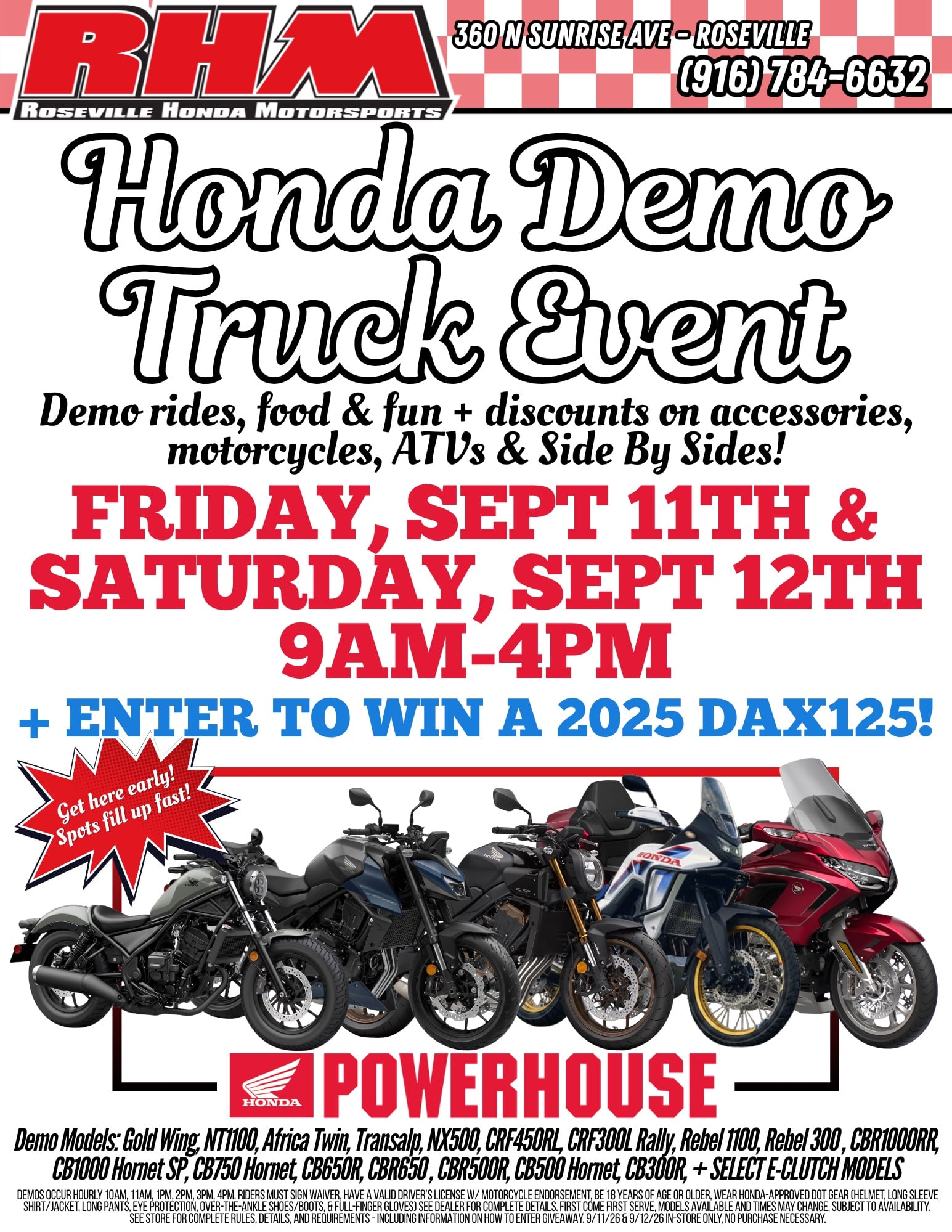 Honda Demo Truck Event — Friday, September 11th & Saturday, September 12th, 9AM–4PM. Enter to win a 2026 DAX125!